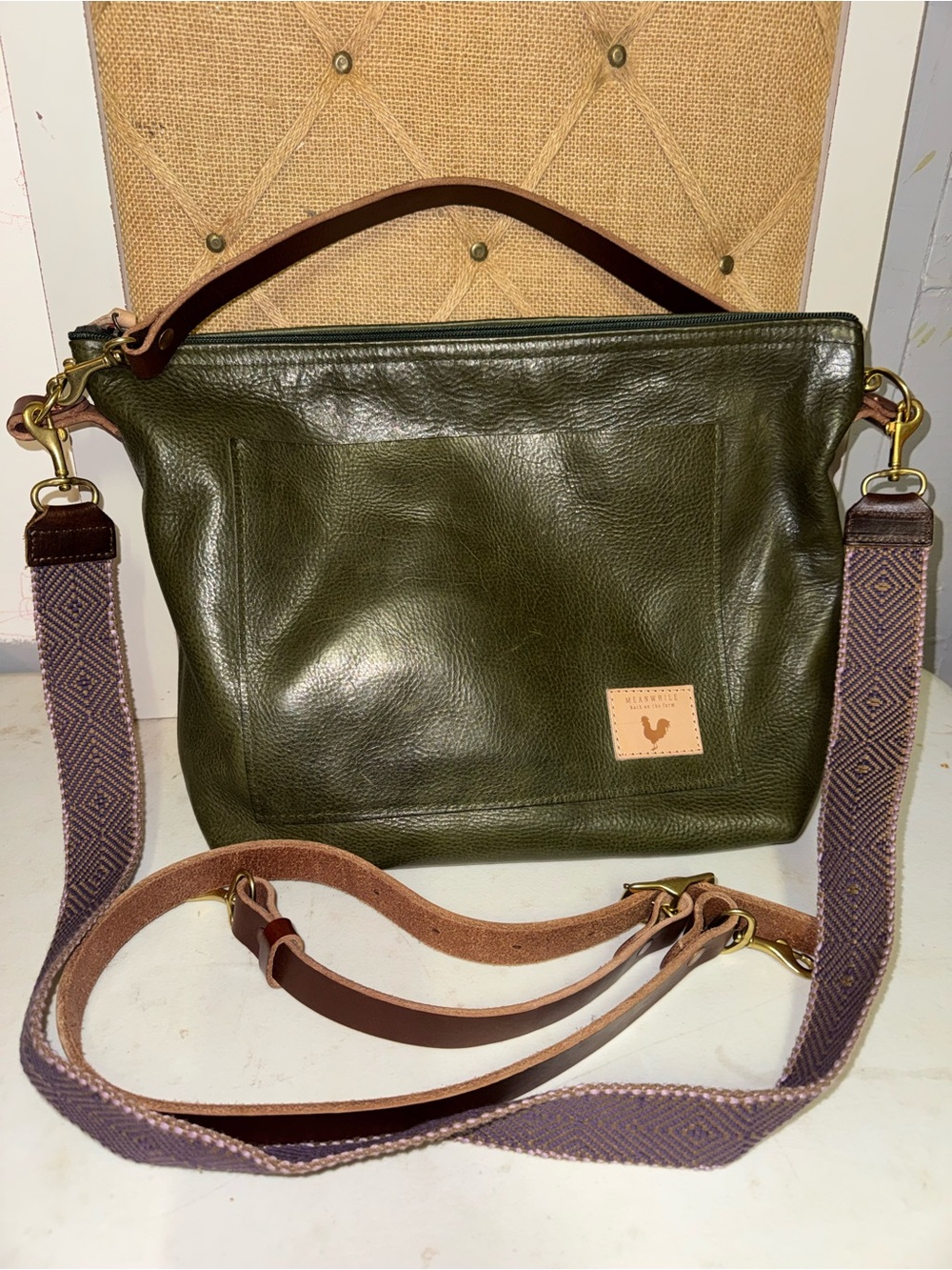 Meanwhile Back On The Farm Hunter Green Leather Crossbody Shoulder Bag